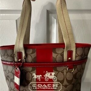 Coach Signature Heritage Red Stripe Tote Bag - tan & Red leather trim